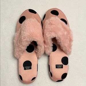 Victoria's Secret Signature Satin Slippers Polka Dot with Faux Fur NWOT Sz smal